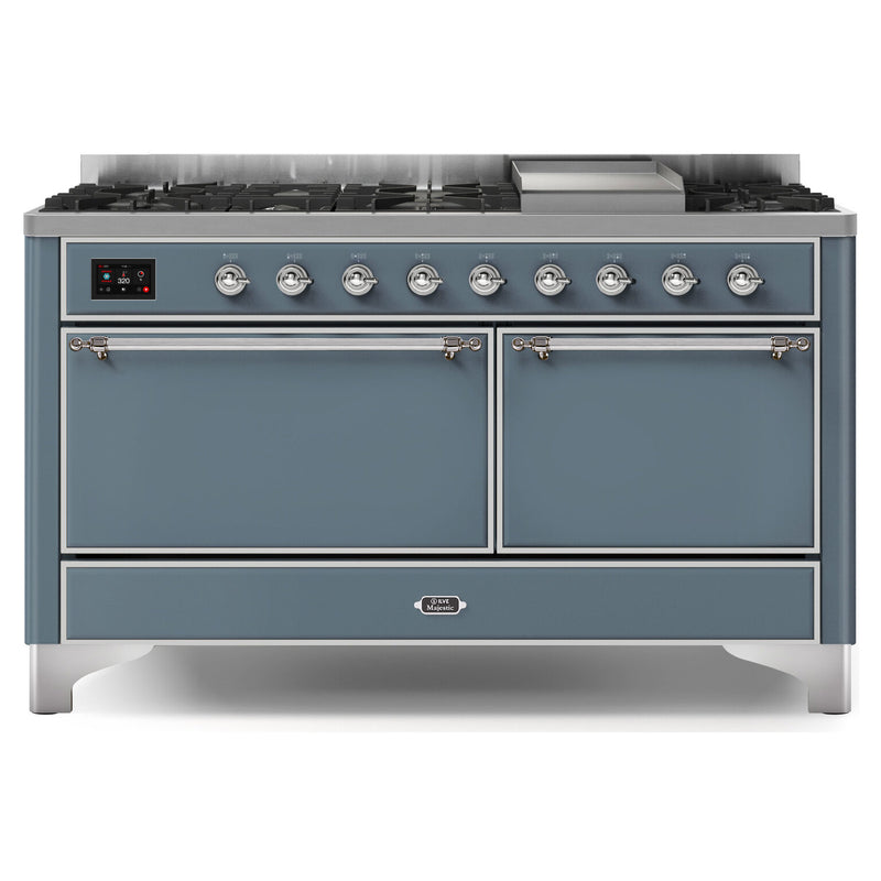 ILVE 60-Inch Majestic II Dual Fuel Range with 9 Sealed Burners and Removable Griddle  with Solid Door Oven in Blue Grey with Chrome Trim (UM15FDQNS3BGC)