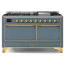 ILVE 60-Inch Majestic II Dual Fuel Range with 9 Sealed Burners and Removable Griddle  with Solid Door Oven in Blue Grey with Brass Trim (UM15FDQNS3BGG)