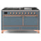 ILVE 60-Inch Majestic II Dual Fuel Range with 9 Sealed Burners and Removable Griddle with Solid Door Oven in Blue Grey with Copper Trim (UM15FDQNS3BGP)