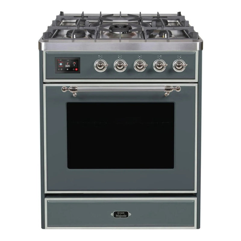 ILVE 30-Inch Majestic II Dual Fuel Range with 5 Sealed Brass Burners - 4  cu. ft. Oven - in Blue Grey with Chrome (UM30DNE3BGC)