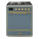 ILVE 30-Inch Majestic II Series Freestanding Dual Fuel Single Solid Door Oven Range with 5 Sealed Burners in Blue Grey with Brass Trim (UM30DQNE3BGG)