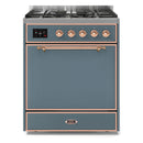 ILVE 30-Inch Majestic II Series Freestanding Dual Fuel Single Solid Door Oven Range with 5 Sealed Burners in Blue Grey with Copper Trim (UM30DQNE3BGP)