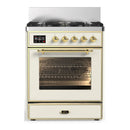 ILVE Majestic III 30-inch Dual Fuel Range with 5 Liquid Propane Burner and Triple Glass Door Electric Oven in Antique White with Brass Trim (UM30NR3AWGLP)