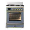 ILVE Majestic III 30-inch Dual Fuel Range with 5 Natural Gas Burner and Triple Glass Door Electric Oven in Blue Grey with Brass Trim (UM30NR3BGG)