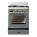 ILVE Majestic III 30-inch Dual Fuel Range with 5 Natural Gas Burner and Triple Glass Door Electric Oven in Blue Grey with Brass Trim (UM30NR3BGG)
