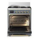 ILVE Majestic III 30-inch Dual Fuel Range with 5 Natural Gas Burner and Triple Glass Door Electric Oven in Blue Grey with Brass Trim (UM30NR3BGG)