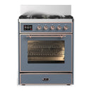 ILVE Majestic III 30-inch Dual Fuel Range with 5 Natural Gas Burner and Triple Glass Door Electric Oven in Blue Grey with Copper Trim (UM30NR3BGP)