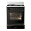 ILVE Majestic III 30-inch Dual Fuel Range with 5 Liquid Propane Burner and Triple Glass Door Electric Oven in Glossy Black with Burnished Trim (UM30NR3BKBLP)