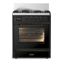 ILVE Majestic III 30-inch Dual Fuel Range with 5 Liquid Propane Burner and Triple Glass Door Electric Oven in Glossy Black with Burnished Trim (UM30NR3BKBLP)