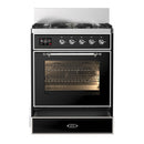 ILVE Majestic III 30-inch Dual Fuel Range with 5 Liquid Propane Burner and Triple Glass Door Electric Oven in Glossy Black with Chrome Trim (UM30NR3BKCLP)