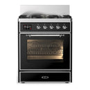 ILVE Majestic III 30-inch Dual Fuel Range with 5 Liquid Propane Burner and Triple Glass Door Electric Oven in Glossy Black with Chrome Trim (UM30NR3BKCLP)
