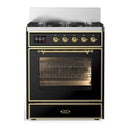 ILVE Majestic III 30-inch Dual Fuel Range with 5 Liquid Propane Burner and Triple Glass Door Electric Oven in Glossy Black with Brass Trim (UM30NR3BKGLP)