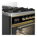 ILVE Majestic III 30-inch Dual Fuel Range with 5 Natural Gas Burner and Triple Glass Door Electric Oven in Glossy Black with Brass Trim (UM30NR3BKG)