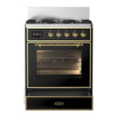 ILVE Majestic III 30-inch Dual Fuel Range with 5 Natural Gas Burner and Triple Glass Door Electric Oven in Glossy Black with Brass Trim (UM30NR3BKG)