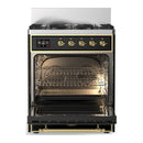 ILVE Majestic III 30-inch Dual Fuel Range with 5 Natural Gas Burner and Triple Glass Door Electric Oven in Glossy Black with Brass Trim (UM30NR3BKG)