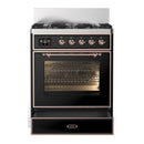ILVE Majestic III 30-inch Dual Fuel Range with 5 Liquid Propane Burner and Triple Glass Door Electric Oven in Glossy Black with Copper Trim (UM30NR3BKPLP)