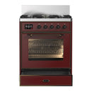 ILVE Majestic III 30-inch Dual Fuel Range with 5 Natural Gas Burner and Triple Glass Door Electric Oven in Burgundy with Burnished Trim (UM30NR3BUB)