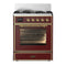 ILVE Majestic III 30-inch Dual Fuel Range with 5 Liquid Propane Burner and Triple Glass Door Electric Oven in Burgundy with Brass Trim (UM30NR3BUGLP)