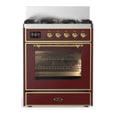ILVE Majestic III 30-inch Dual Fuel Range with 5 Natural Gas Burner and Triple Glass Door Electric Oven in Burgundy with Brass Trim (UM30NR3BUG)
