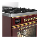 ILVE Majestic III 30-inch Dual Fuel Range with 5 Liquid Propane Burner and Triple Glass Door Electric Oven in Burgundy with Brass Trim (UM30NR3BUGLP)