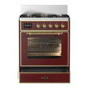 ILVE Majestic III 30-inch Dual Fuel Range with 5 Natural Gas Burner and Triple Glass Door Electric Oven in Burgundy with Brass Trim (UM30NR3BUG)