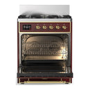 ILVE Majestic III 30-inch Dual Fuel Range with 5 Liquid Propane Burner and Triple Glass Door Electric Oven in Burgundy with Brass Trim (UM30NR3BUGLP)
