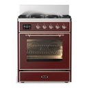 ILVE Majestic III 30-inch Dual Fuel Range with 5 Liquid Propane Burner and Triple Glass Door Electric Oven in Burgundy with Copper Trim (UM30NR3BUPLP)