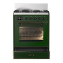 ILVE Majestic III 30-inch Dual Fuel Range with 5 Natural Gas Burner and Triple Glass Door Electric Oven in Emerald Green with Burnished Trim (UM30NR3EGB)