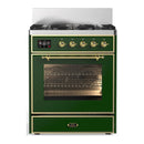 ILVE Majestic III 30-inch Dual Fuel Range with 5 Liquid Propane Burner and Triple Glass Door Electric Oven in Emerald Green with Brass Trim (UM30NR3EGGLP)