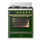 ILVE Majestic III 30-inch Dual Fuel Range with 5 Natural Gas Burner and Triple Glass Door Electric Oven in Emerald Green with Brass Trim (UM30NR3EGG)