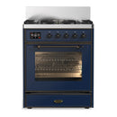 ILVE Majestic III 30-inch Dual Fuel Range with 5 Natural Gas Burner and Triple Glass Door Electric Oven in Midnight Blue with Burnished Trim (UM30NR3MBB)