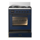 ILVE Majestic III 30-inch Dual Fuel Range with 5 Liquid Propane Burner and Triple Glass Door Electric Oven in Midnight Blue with Burnished Trim (UM30NR3MBBLP)