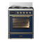 ILVE Majestic III 30-inch Dual Fuel Range with 5 Natural Gas Burner and Triple Glass Door Electric Oven in Blue Grey with Brass Trim (UM30NR3MBG)
