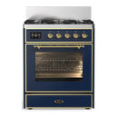 ILVE Majestic III 30-inch Dual Fuel Range with 5 Liquid Propane Burner and Triple Glass Door Electric Oven in Blue Grey with Brass Trim (UM30NR3MBGLP)