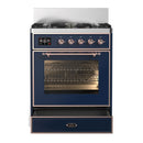 ILVE Majestic III 30-inch Dual Fuel Range with 5 Natural Gas Burner and Triple Glass Door Electric Oven in Midnight Blue with Copper Trim (UM30NR3MBP)