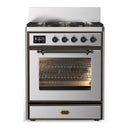 ILVE Majestic III 30-inch Dual Fuel Range with 5 Natural Gas Burner and Triple Glass Door Electric Oven in Stainless Steel with Burnished Trim (UM30NR3SSB)