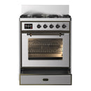 ILVE Majestic III 30-inch Dual Fuel Range with 5 Natural Gas Burner and Triple Glass Door Electric Oven in Stainless Steel with Burnished Trim (UM30NR3SSB)