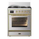 ILVE Majestic III 30-inch Dual Fuel Range with 5 Natural Gas Burner and Triple Glass Door Electric Oven in Stainless Steel with Brass Trim (UM30NR3SSG)