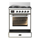 ILVE Majestic III 30-inch Dual Fuel Range with 5 Natural Gas Burner and Triple Glass Door Electric Oven in White with Burnished Trim (UM30NR3WHB)