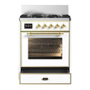ILVE Majestic III 30-inch Dual Fuel Range with 5 Liquid Propane Burner and Triple Glass Door Electric Oven in White with Brass Trim (UM30NR3WHGLP)