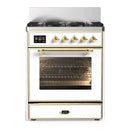 ILVE Majestic III 30-inch Dual Fuel Range with 5 Liquid Propane Burner and Triple Glass Door Electric Oven in White with Brass Trim (UM30NR3WHGLP)