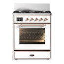 ILVE Majestic III 30-inch Dual Fuel Range with 5 Natural Gas Burner and Triple Glass Door Electric Oven in White with Copper Trim (UM30NR3WHP)