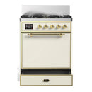 ILVE Majestic III 30-inch Dual Fuel Range with 5 Natural Gas Burner and Solid Door Electric Oven in Antique White with Brass Trim (UM30QNR3AWG)