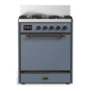 ILVE Majestic III 30-inch Dual Fuel Range with 5 Natural Gas Burner and Solid Door Electric Oven in Blue Grey with Burnished Trim (UM30QNR3BGB)