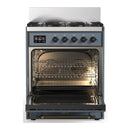 ILVE Majestic III 30-inch Dual Fuel Range with 5 Natural Gas Burner and Solid Door Electric Oven in Blue Grey with Burnished Trim (UM30QNR3BGB)