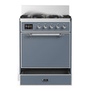 ILVE Majestic III 30-inch Dual Fuel Range with 5 Natural Gas Burner and Solid Door Electric Oven in Blue Grey with Chrome Trim (UM30QNR3BGC)
