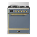 ILVE Majestic III 30-inch Dual Fuel Range with 5 Natural Gas Burner and Solid Door Electric Oven in Blue Grey with Brass Trim (UM30QNR3BGG)