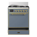ILVE Majestic III 30-inch Dual Fuel Range with 5 Natural Gas Burner and Solid Door Electric Oven in Blue Grey with Brass Trim (UM30QNR3BGG)