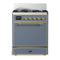 ILVE Majestic III 30-inch Dual Fuel Range with 5 Natural Gas Burner and Solid Door Electric Oven in Blue Grey with Brass Trim (UM30QNR3BGG)
