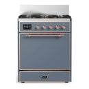 ILVE Majestic III 30-inch Dual Fuel Range with 5 Natural Gas Burner and Solid Door Electric Oven in Blue Grey with Copper Trim (UM30QNR3BGP)